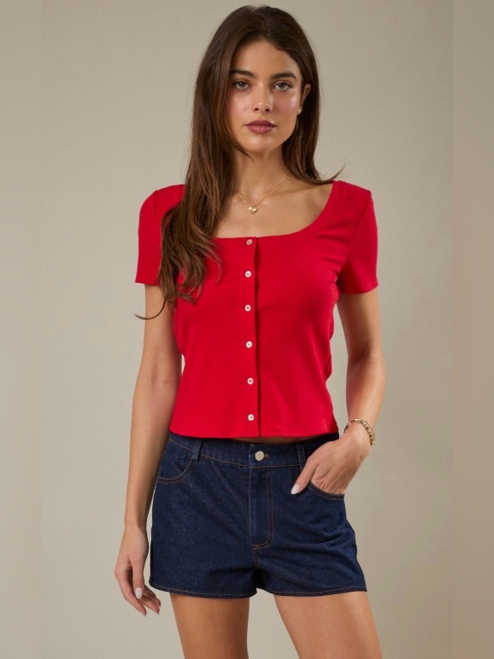 63. Red Button-Front Scoop Neck Short Sleeve Top